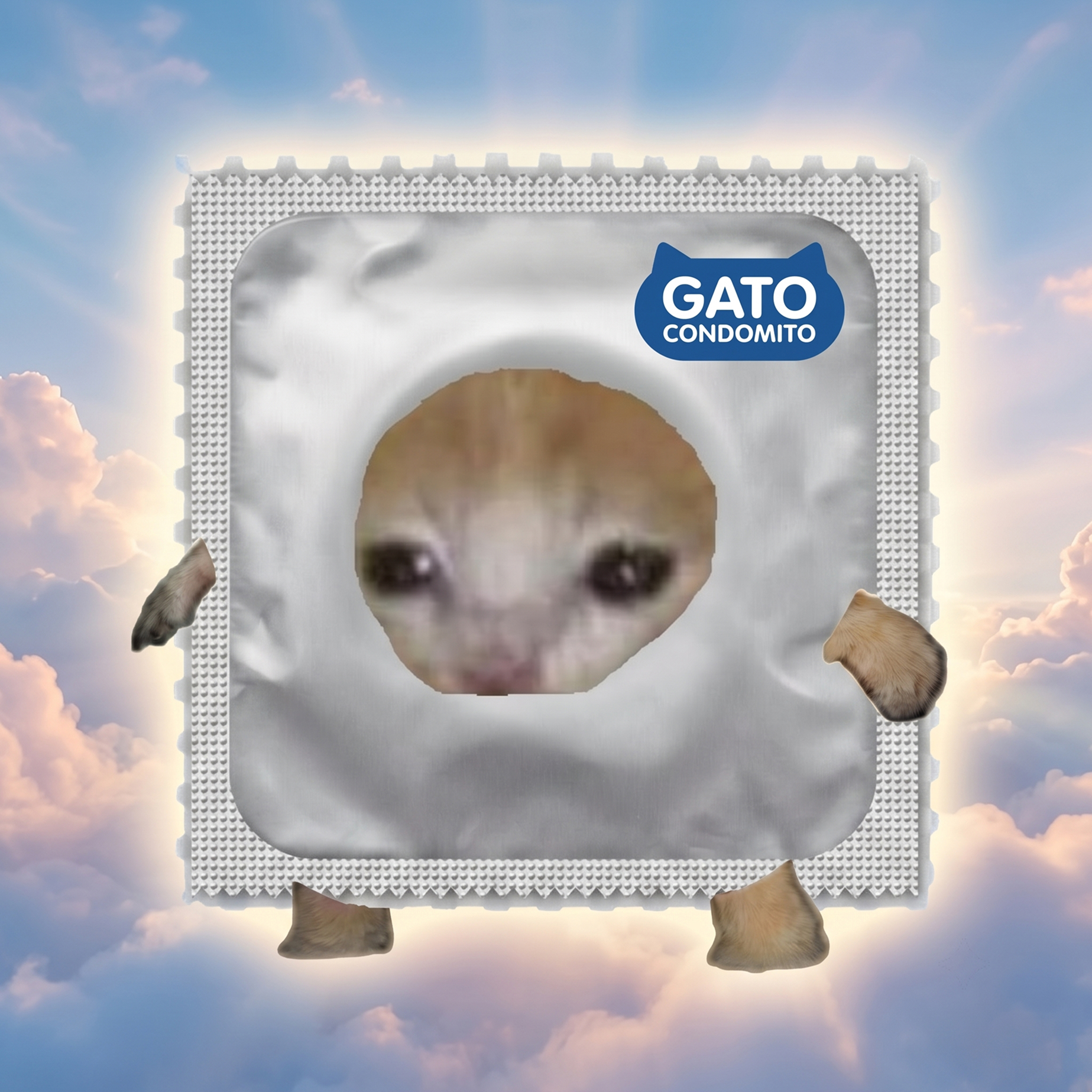 Crying Condom Cat mascot on a blue background
