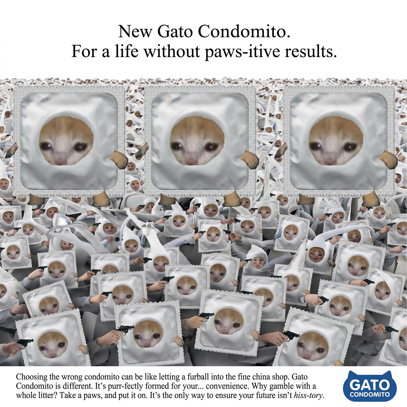 A chaotic crowd of Crying Condom Cat characters holding tiny guns under the slogan 'For a life without paws-itive results'
